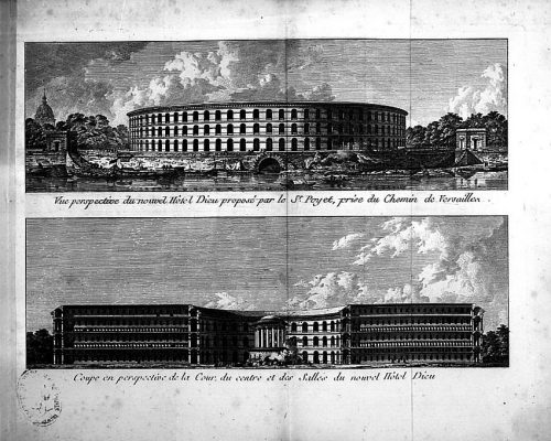 Plan de l’architecte Bernard Poyet, après l’incendie de 1772, l’architecte défend en 1785 un projet d’hôpital massif à plan central.