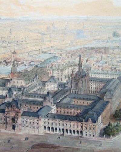 Palais de Justice de Paris, vue générale du projet approuvé par le conseil général de la Seine en 1838. Architecte Jean-Nicolas Huyot